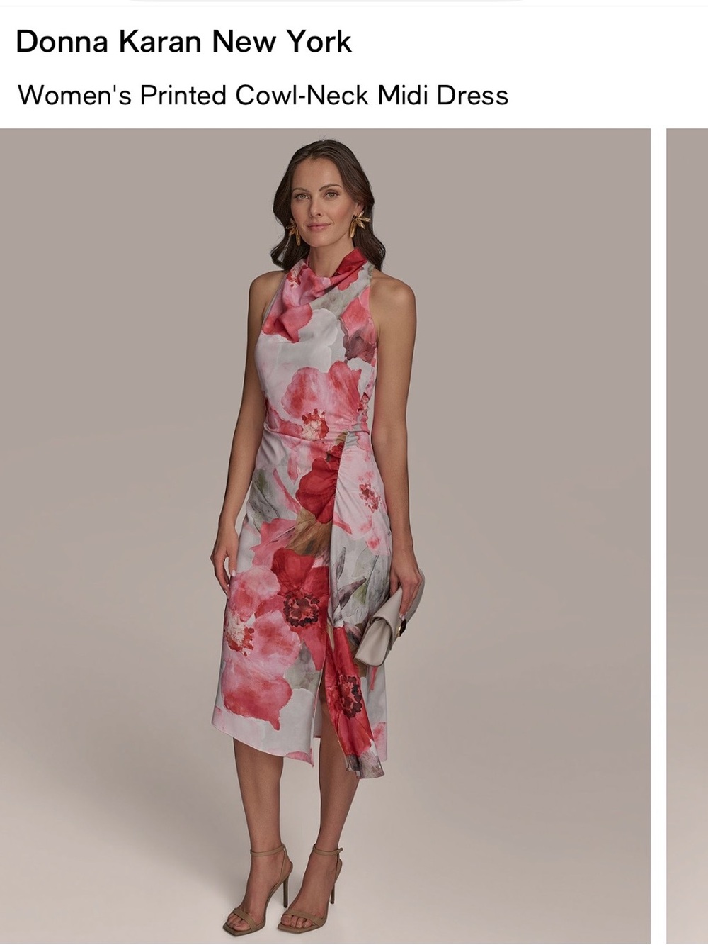 DONNA KARAN Pink Floral Cowl-Neck Midi Dress
